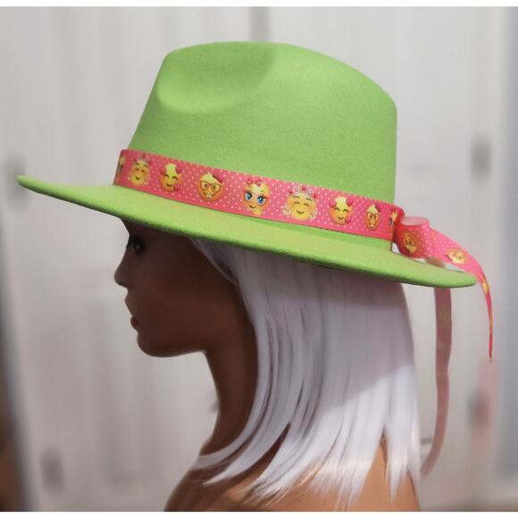 Fedora Hat Green Outside & Hot Pink Inside with Pink Emoji Headband - Picture 4 of 7